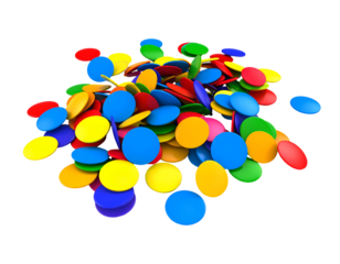 A vibrant collection of scattered colorful game pieces creating a playful and dynamic visual.