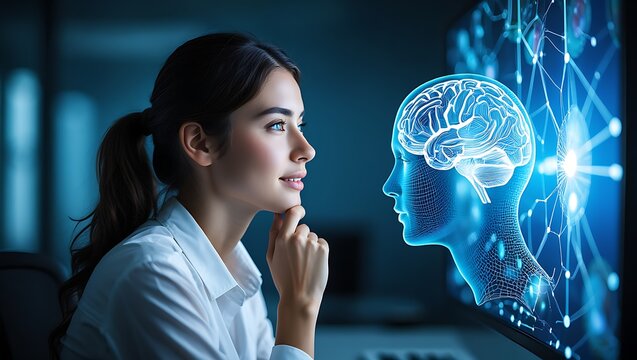A woman contemplates a digital brain on a screen