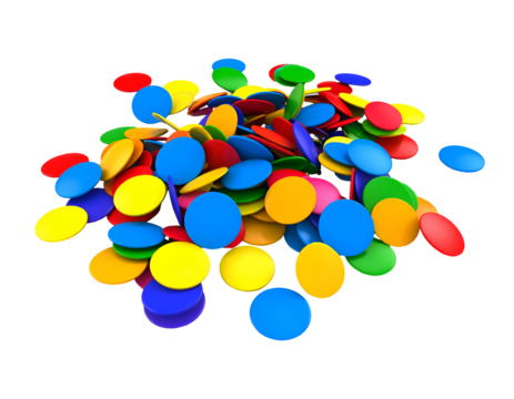 A vibrant collection of scattered colorful game pieces creating a playful and dynamic visual.