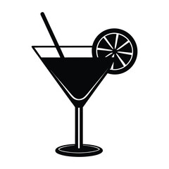 Refreshing cocktail glass silhouette with a straw and lemon slice for summer drinks and parties