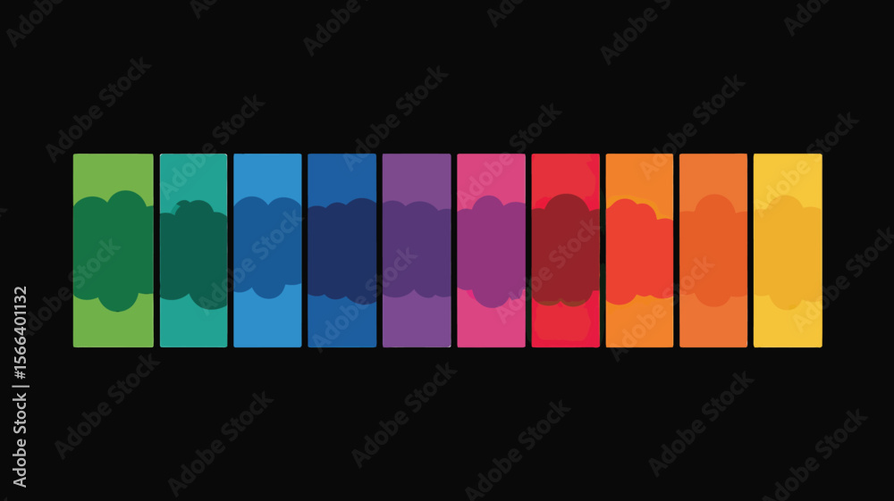 Poster a row of colorful vertical rectangles with cloud like shapes on a black background in a flat style