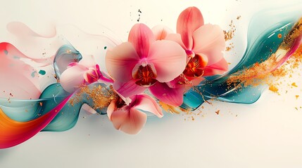 abstract digital art of orchid petals disintegrating into colorful geometric fragments