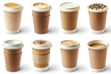 sharp picture of Set of paper take away cups of different coffee latte or cappuccino