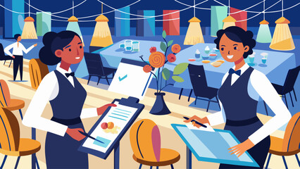 Two women in blue uniforms are standing in a restaurant. One of them is writing on a clipboard