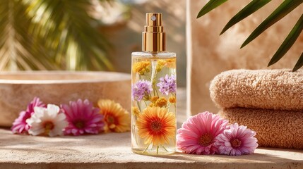 Floral perfume bottle beside towels and flowers on a serene surface.