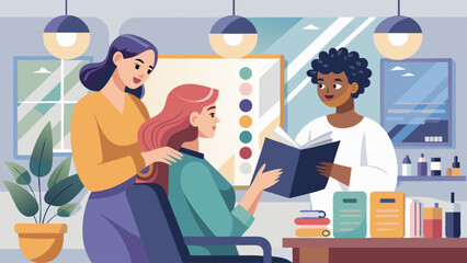 A woman is getting her hair done by two other women. One of the women is reading a book