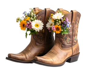 Rustic leather cowboy boots overflowing with a vibrant bouquet of colorful wildflowers.