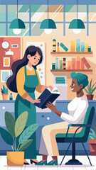 A woman is getting her hair done by two other women. One of the women is reading a book