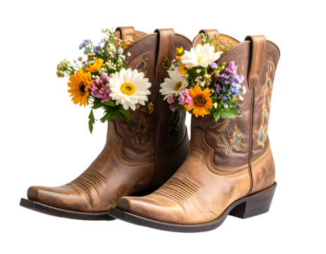 Rustic leather cowboy boots overflowing with a vibrant bouquet of colorful wildflowers.