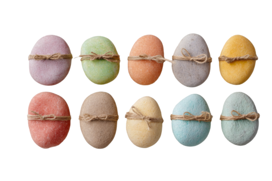 Charming pastel-colored rocks are aligned in a row, each tied with a rustic twine bow, set against a transparent background for spa or zen designs.