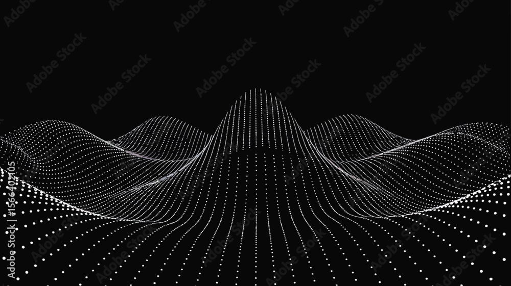 Poster a monochrome abstract landscape with undulating dotted lines against a black background creating dep