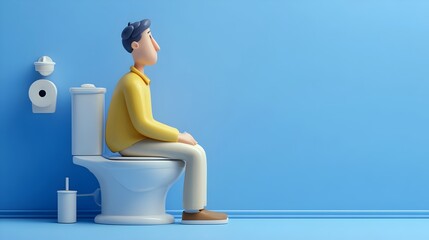 3D figure of a man sitting on a toilet. Symbolizes human behavior, hygiene and bathroom humor, suitable for apps, logo for men wc, infographics or health campaigns.