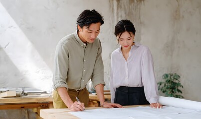 A modern Asian office with natural light, two Asian business professionals discussing documents at a wooden desk, business casual attire, Generative AI