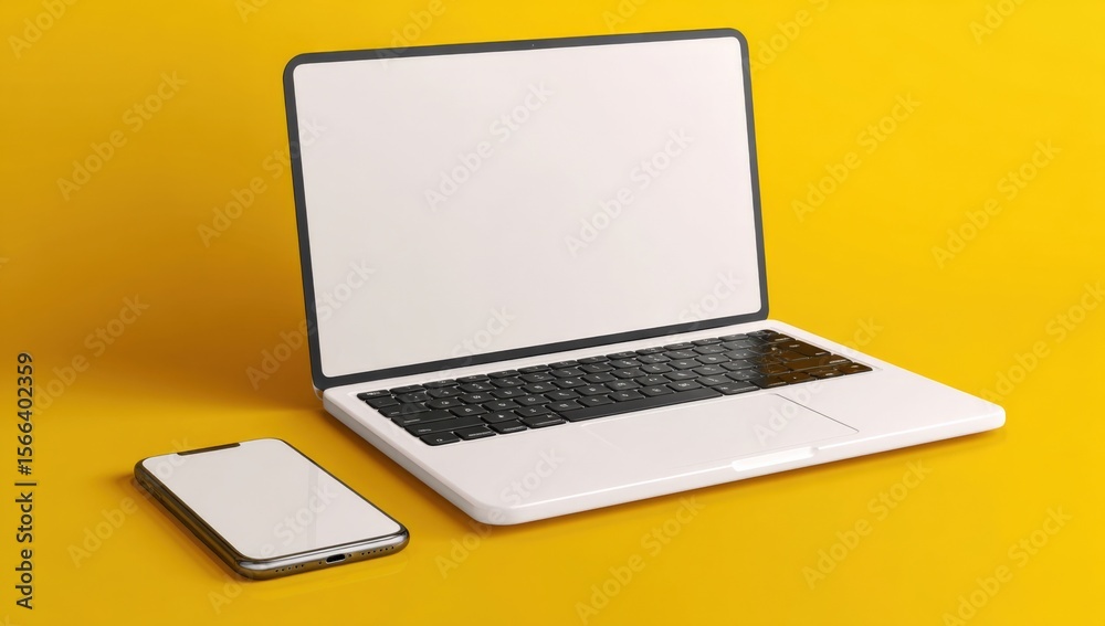 Poster Modern open laptop computer with blank white screen and smartphone on bright yellow background for technology and digital device concept