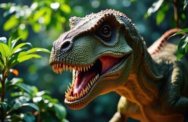 A realistic dinosaur model with sharp teeth and textured skin in a lush jungle setting