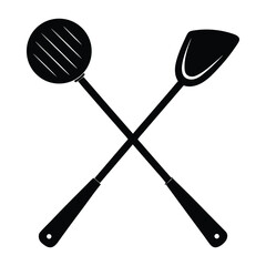 Kitchen utensils crossed a simple black silhouette of a ladle and spatula for culinary designs