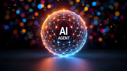 A glowing ai agent sphere is shown in a dark setting