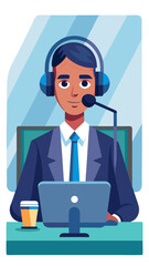 A man in a suit is sitting at a desk with a computer and a cup. He is wearing a headset and he is working on a computer