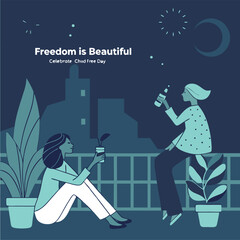 Two Women Relaxing on a Balcony at Night, Celebrating Child Free Day