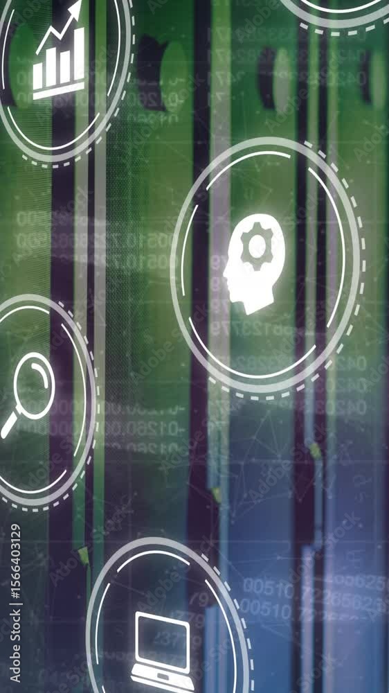 Poster animation of icons and data processing with connections over computer server