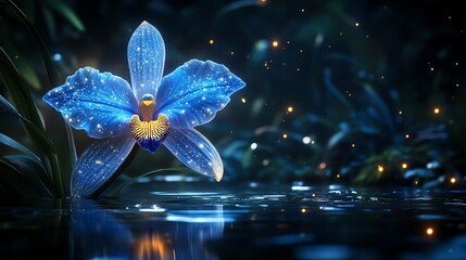 Glowing blue orchid by water, magical night scene.  Digital art, fantasy flower.