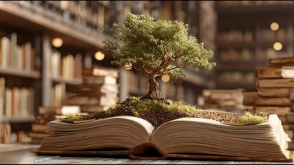 World philosophy day concept with tree of knowledge planting on opening old big book in library full with textbook, stack piles of text archive - Powered by Adobe