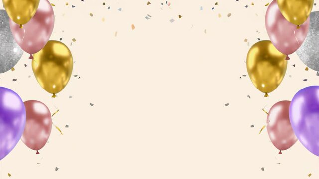 Colorful balloons in various shades including pink, gold, silver, and purple, surrounded by confetti on a light background. Ideal for celebration themes.