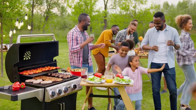 Family stands around smoking grill in sunny yard, family bbq smells fill air while kids laugh and family bbq burgers sizzle neighbours wave, craving family bbq vibe. concept outdoor hospitality
