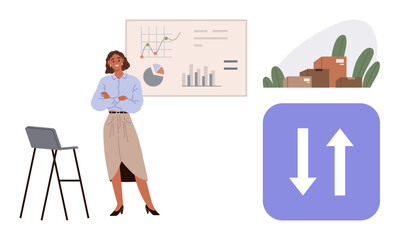 Confident woman standing near charts and graphs, with boxes and growth arrows. Ideal for leadership, business analysis, logistics, data visualization, productivity, shipment success. Simple flat