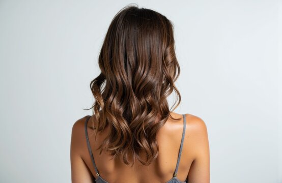Woman with wavy brown hair facing away, showcasing hairstyle from the back
