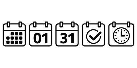 Calendar Icon Set Date, First, Last Day, Checkmark, and Clock Transparent