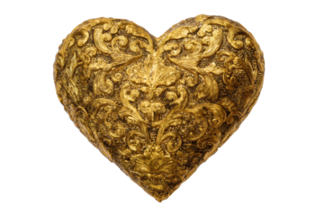 PNG Intricately designed golden heart sculpture on black background