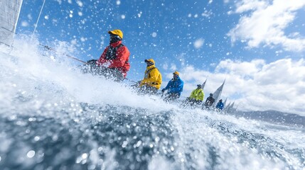 People in colorful jackets on a boat sailing through choppy water.