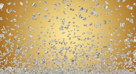 Falling silver confetti on golden background for celebration