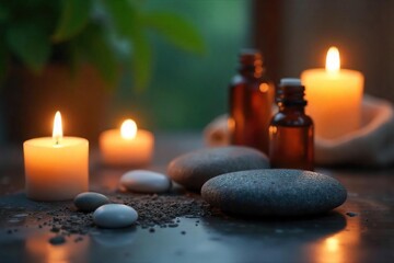 Serene Spa Scene Candlelit Stones and Essential Oils for Wellness and Self-Care