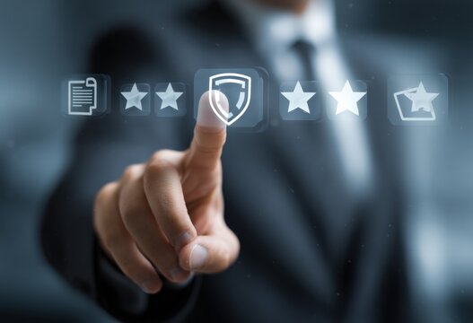 Businessman in suit interacts with digital customer service interface showing a shield emblem and star ratings in a modern office setting - Powered by Adobe