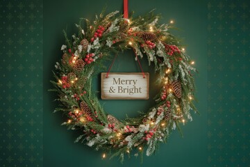 A classic Christmas greeting card featuring a lush, circular wreath crafted from vibrant evergreen branches, red berries, and gold pinecones, with a rustic wooden tag hanging in the center