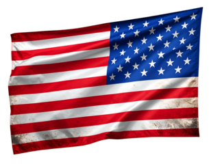 A gracefully waving American flag proudly displays its stars and stripes with a vintage, weathered texture