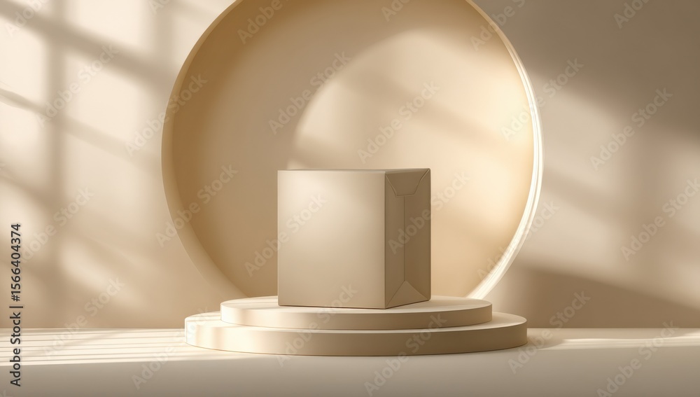 Poster Minimalist beige geometric shelf display with shadows and light patterns in modern interior design setup for product presentation