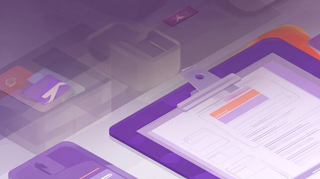 Digital mock up featuring a clipboard with a document, colorful icons, and a modern design layout, showcasing user interface elements and creative workspace aesthetics