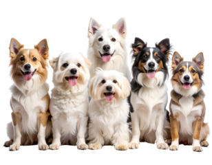 Six adorable dogs of various breeds sit together, showcasing their unique charm and friendly expressions.