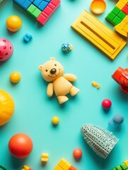 vibrant color visual of flat lay composition of toys