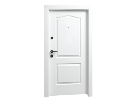 A sleek modern white door featuring traditional recessed panels and contemporary dark metal fittings.