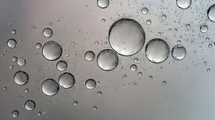 Close-up view of water droplets on a smooth surface, showcasing various sizes and reflections, creating a visually captivating and serene atmosphere with a soft gradient background
