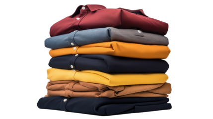 Stack of vibrant folded casual shirts neatly isolated on transparent background