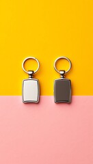 Two blank metal keychains on a yellow and pink background