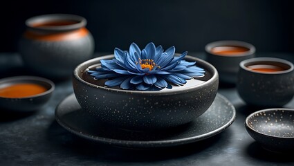 Blue lotus flower in a dark bowl with teacups