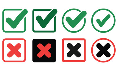 Green check mark in box and circle with red cross in various outlined shapes