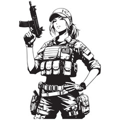 Woman in military uniform holding a gun image vector