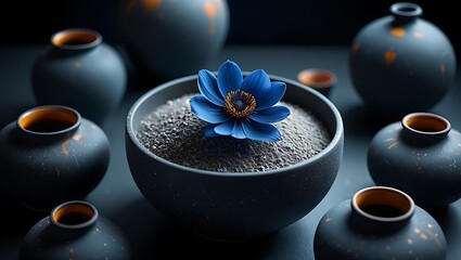 Blue lotus flower in a dark bowl with sand
